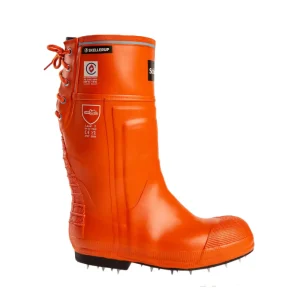 Spiked skellerup chainsaw boot with a white background
