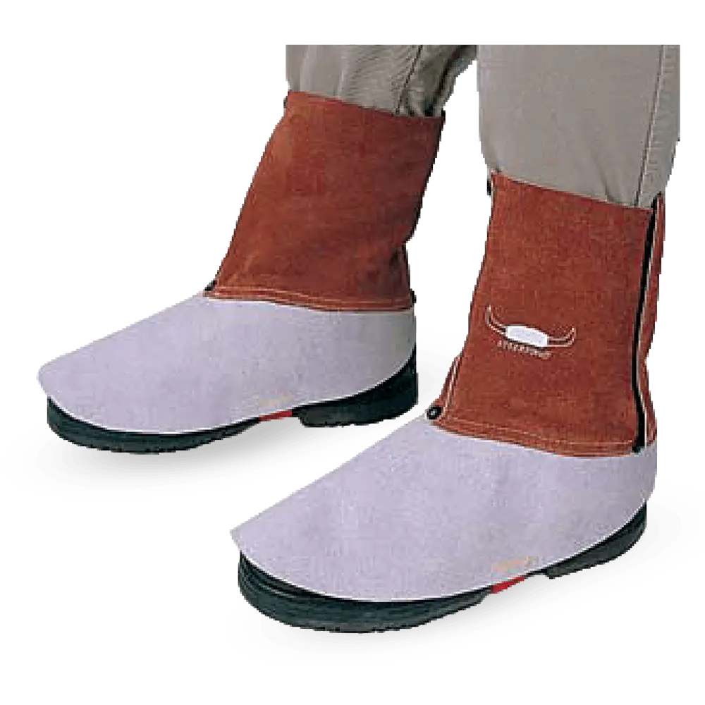 Xcel-Arc leather welding spats protecting ankles and feet from welding sparks