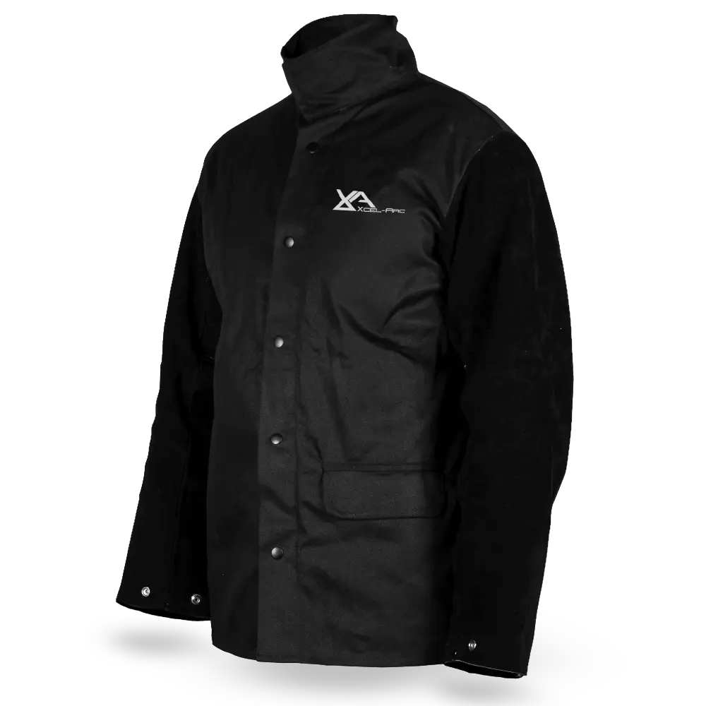 XcelArc black leather sleeved welding jacket with Kevlar stitched arms